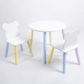 Комплект детский стол КРУГЛЫЙ и два стула МИШКА ROLTI Baby (белая столешница/белое сиденье/цветные ножки) в Троицке - troick.ok-mebel.com | фото