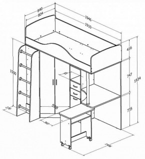 Кровать-чердак "Теремок-1" Дуб молочный/Орех в Троицке - troick.ok-mebel.com | фото 2